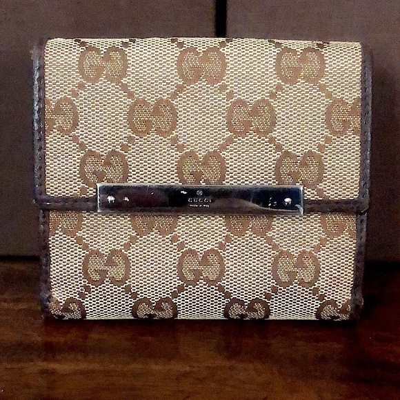 GUCCI GG Web Monogram Brown Leather Accented Tan Canvas Trifold Wallet - Picture 1 of 17